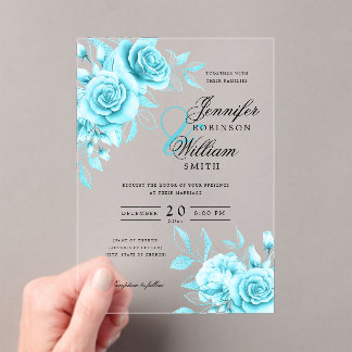 Elegant Wedding Turquoise Roses Floral Theme Acrylic Invitations