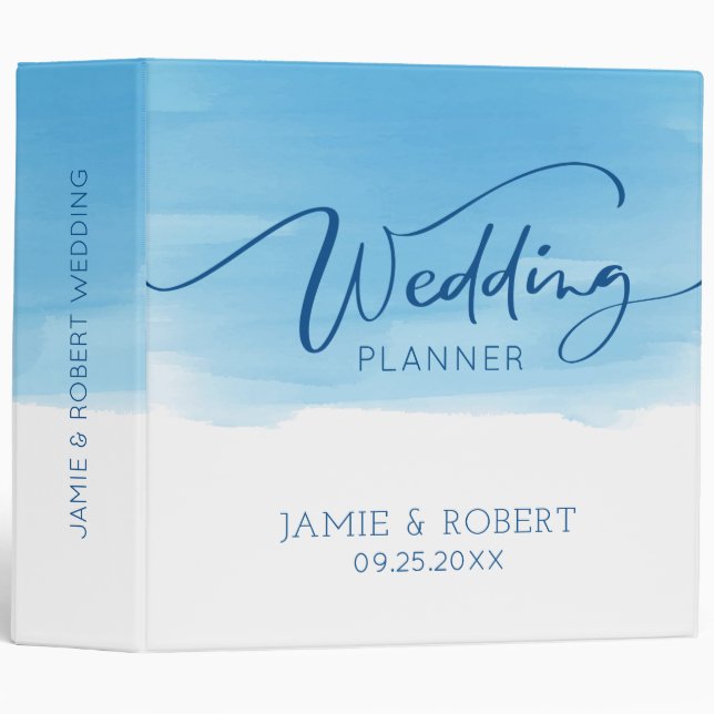 Elegant wedding typography on blue to blue ombre 3 ring binder (Front/Spine)
