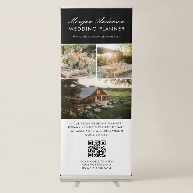 Elegant Wedding Vendor QR Code 3 Photo Template Retractable Banner (Front)