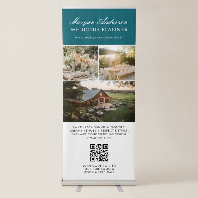 Elegant Wedding Vendor QR Code 3 Photo Template Retractable Banner (Front)
