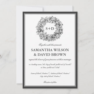 Elegant Wedding Vintage Floral Monogram Black Invitation
