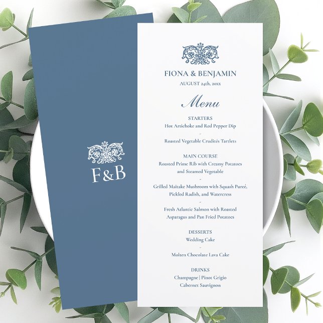 Elegant Wedding Vintage Floral Monogram Blue Menu (Creator Uploaded)