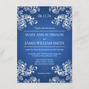 Elegant Wedding Vintage Swirls 2 Sapphire Blue Invitation