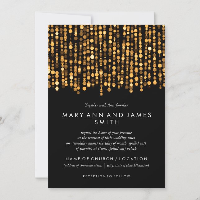 Elegant Wedding Vow Renewal Modern Gold Lights Invitation (Front)