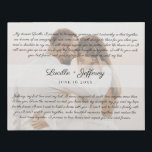 Elegant Wedding Vows Art Anniversary Photo Faux Canvas Print<br><div class="desc">Elegant wedding vow faux canvas wall art. Create your own one-of-a-kind wedding gift,  anniversary gift or personal keepsake by adding the names of the couple,  the wedding date and his and her wedding vows. In the background,  upload a romantic wedding photograph.</div>