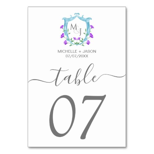 Elegant Wedding Watercolor Crest Monogram Table Number