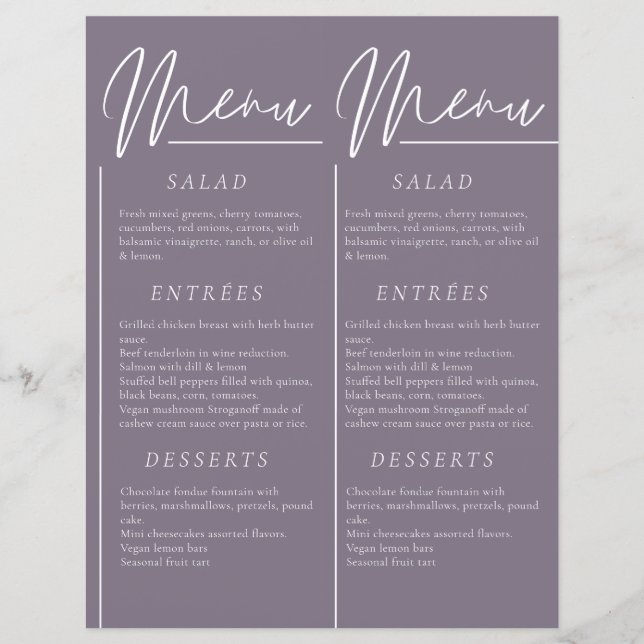 Elegant wedding watercolor dark purple double menu (Front)