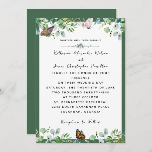 Elegant Wedding Watercolor Floral Butterfly Green Invitation