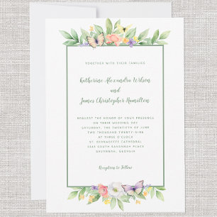 Elegant Wedding Watercolor Floral Butterfly Green Invitation