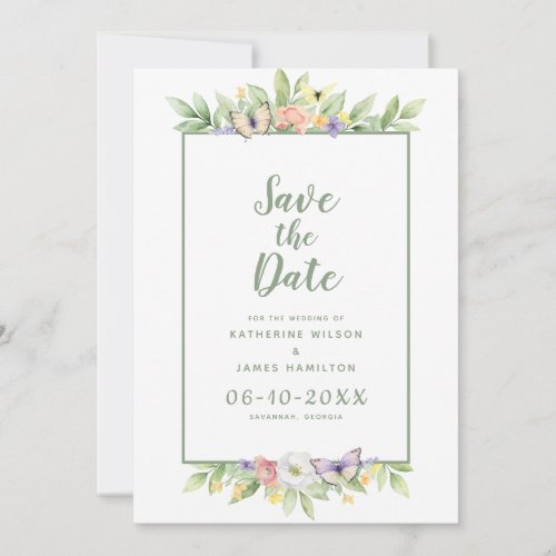Elegant Wedding Watercolor Floral Butterfly Green Save The Date