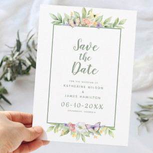 Elegant Wedding Watercolor Floral Butterfly Green Save The Date