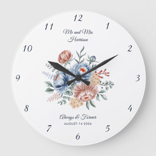 Elegant Wedding Watercolor Floral Mr & Mrs Custom Large Clock