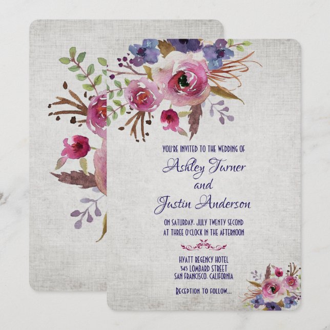 Elegant Wedding Watercolor Flowers Invitations (Front/Back)