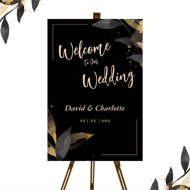 Elegant Wedding Welcome Black with Gold Sign (Black & Gold Elegant Wedding Welcome Sign)