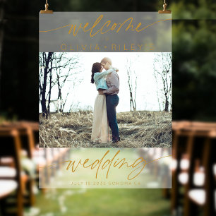 Elegant Wedding Welcome Frosted Photo Gold Acrylic Sign