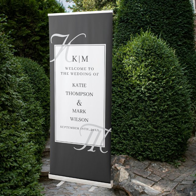 Elegant Wedding Welcome Monogram Black White Retractable Banner (Elegant Wedding Welcome Monogram Black White Retractable Banner)