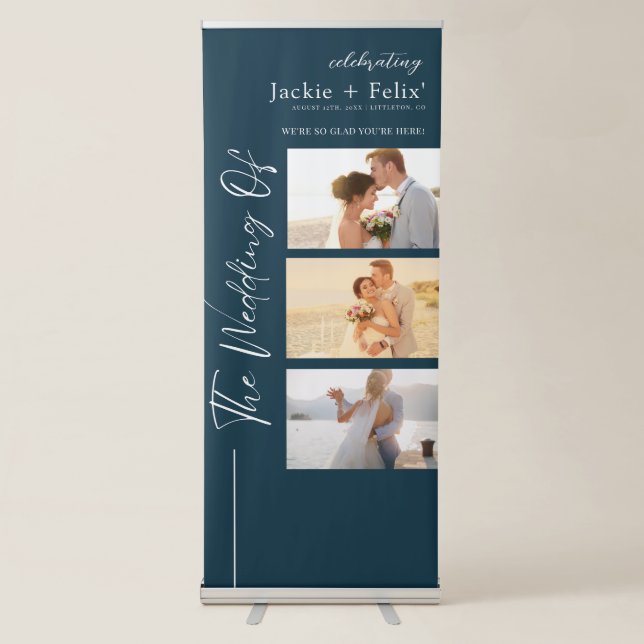 Elegant Wedding Welcome Navy Blue Custom Photo Retractable Banner (Front)