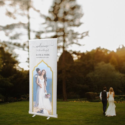 Elegant Wedding Welcome Photo Gold Arch Retractable Banner