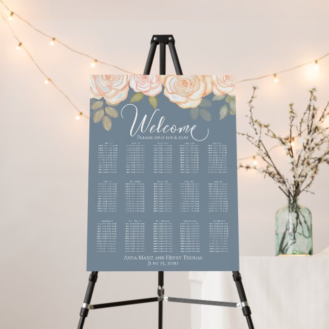 Elegant Wedding Welcome Seating Chart Dusty Blue Foam Board (In Situ (Stand))