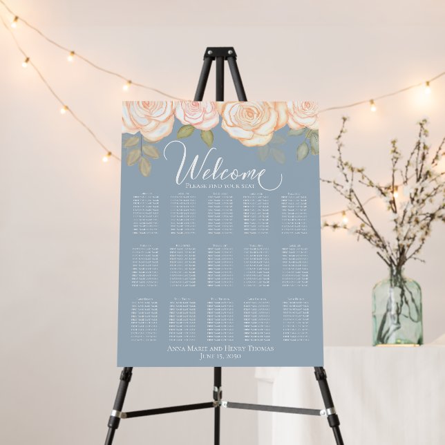 Elegant Wedding Welcome Seating Chart Dusty Blue Foam Board (In Situ (Stand))