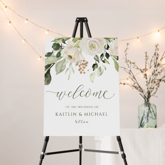 Elegant Wedding Welcome Sign Greenery White Floral (In Situ (Stand))