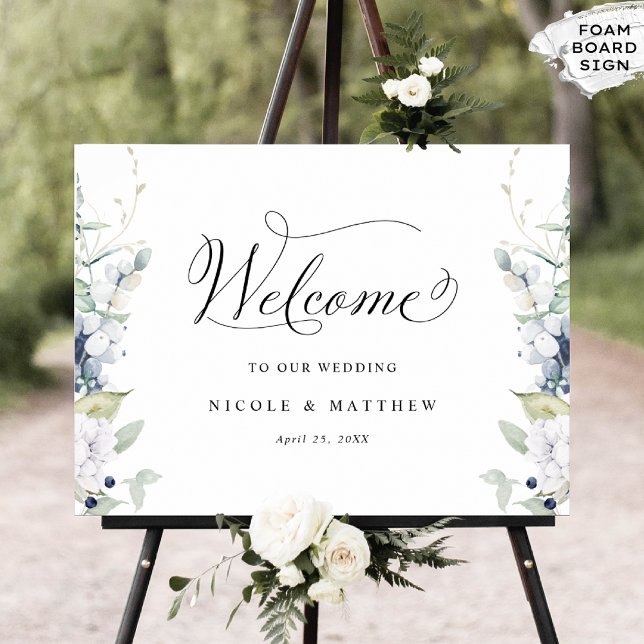 Elegant Wedding Welcome Sign White Blue Floral (Creator Uploaded)