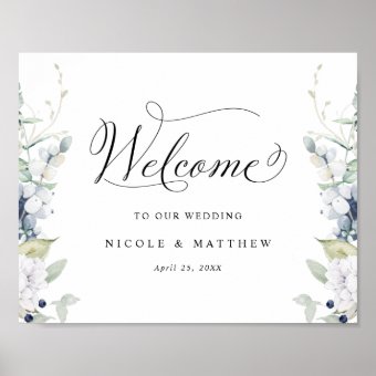 Elegant Wedding Welcome Sign White Blue Floral | Zazzle