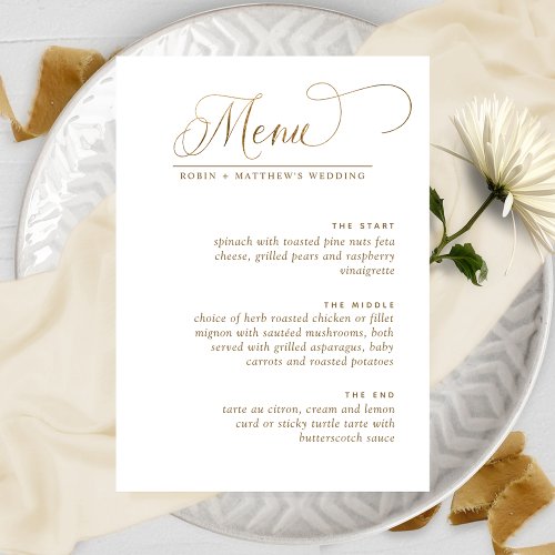 Elegant Wedding White and Gold Calligraphy Menu