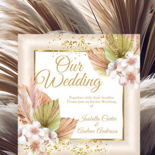 Elegant Wedding White Cream Boho Floral Gold Invitation
