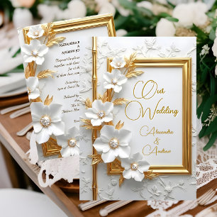 Elegant Wedding White Embossed Gold Diamond Floral Invitation