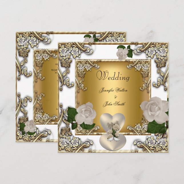 Elegant Wedding White Gold Cream Rose Invitation (Front/Back)