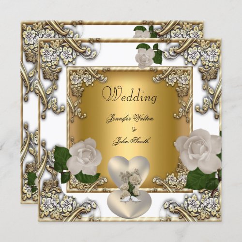 Elegant Wedding White Gold Cream Rose Invitation