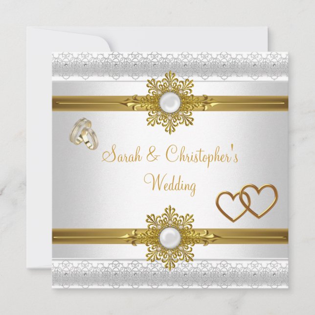 Elegant Wedding White Gold Heart Jewel Rings Invitation (Front)