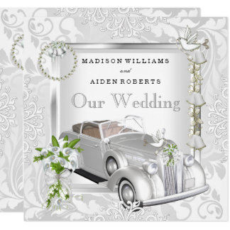 Elegant Wedding White Gold Vintage Car Damask 2 Card