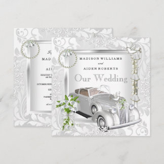 Elegant Wedding White Gold Vintage Car Damask 2 Invitation