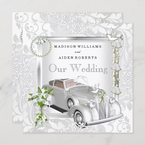 Elegant Wedding White Gold Vintage Car Damask 2 Invitation