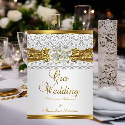 Elegant Wedding White Pearl Gold Lace Floral  Invitation