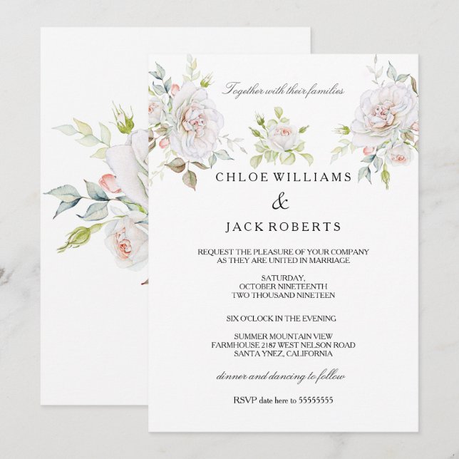 Elegant Wedding White Pink Rose Bouquet Invitation (Front/Back)