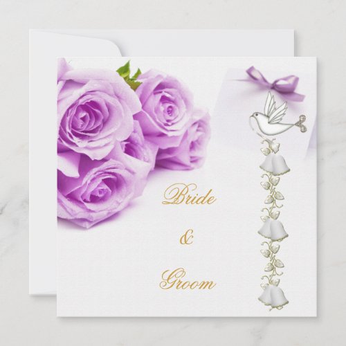 Elegant Wedding White Purple Roses Dove Bells Invitation