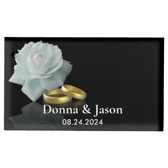 Elegant Wedding White Rose Gold Rings Black  Place Card Holder (Front)