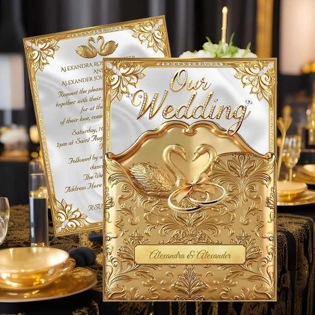 Elegant Wedding White Swans Rings Gold Diamonds Invitation (Creator Uploaded)