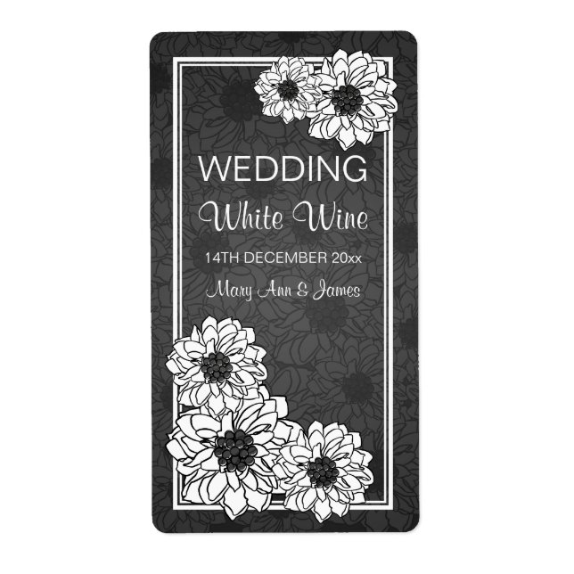 Elegant Wedding Wine Label Dahlia Floral Black (Front)