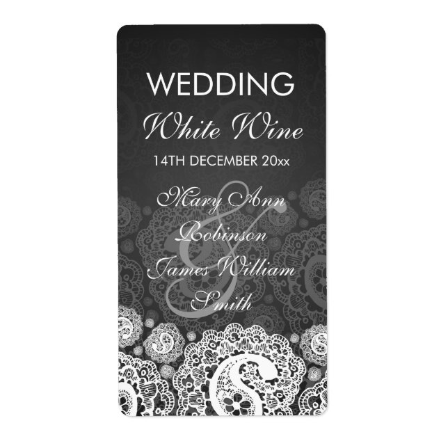 Elegant Wedding Wine Label Paisley Lace Black (Front)