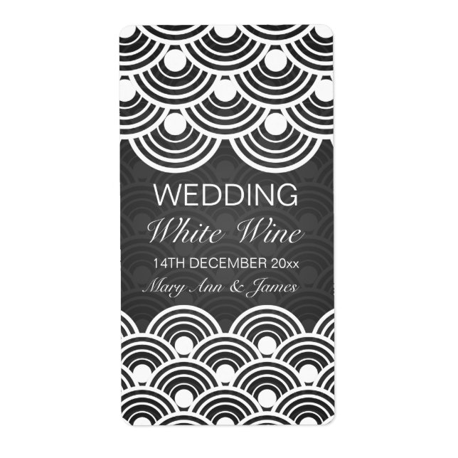 Elegant Wedding Wine Label Scalloped Pattern Black (Front)