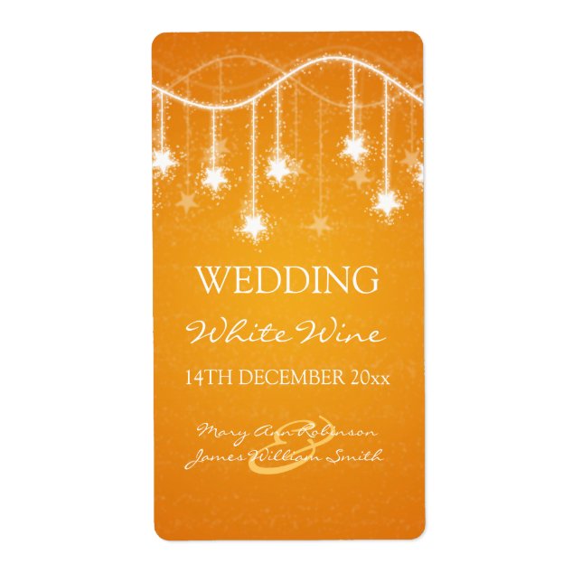 Elegant Wedding Wine Label Shimmering Stars Orange (Front)