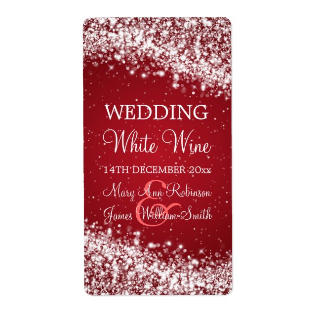 Elegant Wedding Wine Label Sparkling Wave Red (Front)