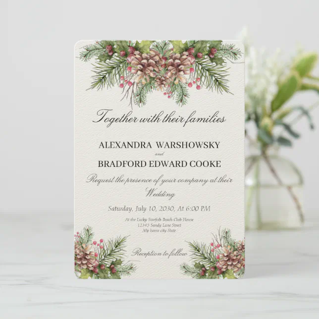 Elegant Wedding Winter Greenery Pinecone Invitati Invitation | Zazzle