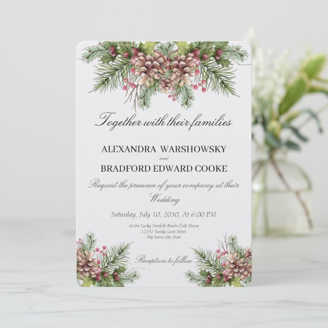 Elegant Wedding Winter Greenery  Pinecone Invitation (Standing Front)
