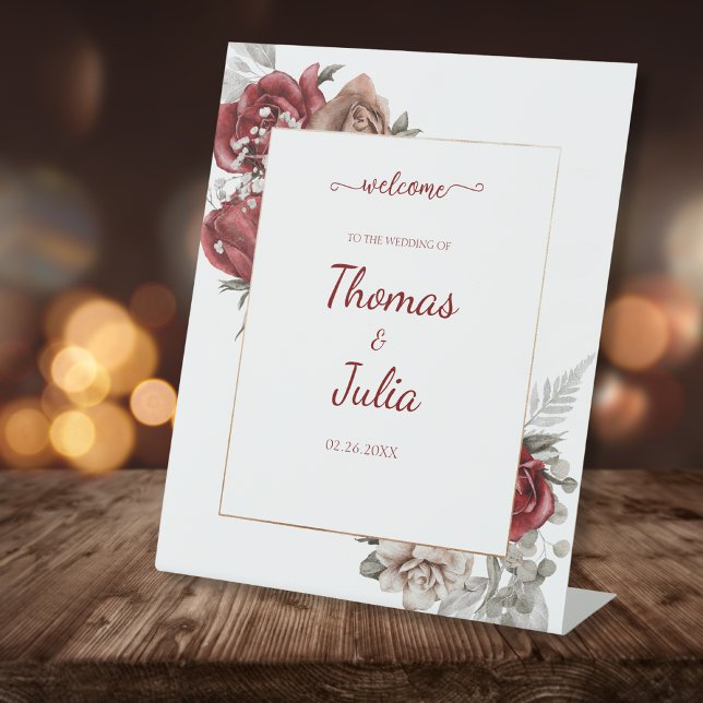 Elegant Wedding with Burgundy Florals Welcome Pedestal Sign (Elegant Wedding with Burgundy Florals Welcome Pedestal Sign)
