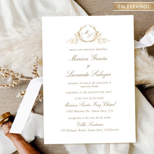 Elegant Wedding With Gold Monogram Spanish Invitation